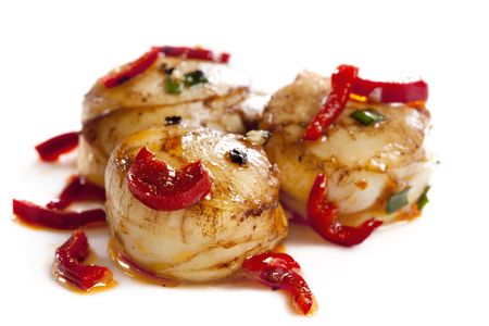 Sea scallops grilled in a chili oil marinade.  の写真素材