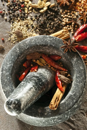 Granite mortar and pestle with spices ready for grinding.  Perfect for making garam masala.  Includes dried red chilies, cinnamon, peppercorns, cardamom, coriander, cloves, star anise, cumin, and fennel.の写真素材