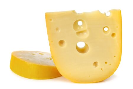 Cheese with holes, isolated on white background.  Delicious Swiss or Emmental.の写真素材