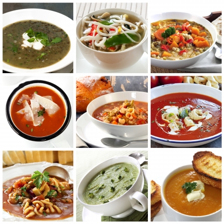 Collage of different soups.  Includes lentil, Asian noodle, vegetable, tomato, minestrone, broccoli, and pumpkin.の写真素材