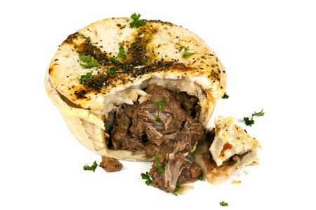 Beef pie, cut, over white background 
