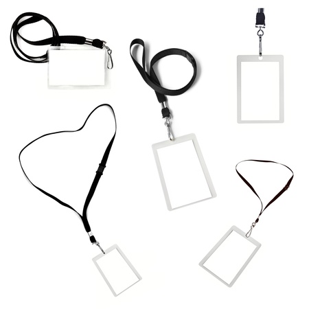 Collection of blank security tags on black lanyards, isolated over white.の写真素材