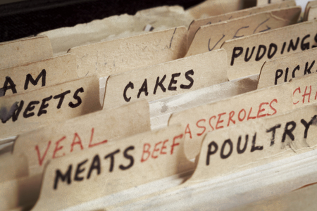 Old recipe box, with sections for cakes, meats, etc.  の写真素材