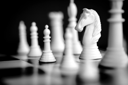 Chess pieces, with focus on white knight.  Black and white image.の写真素材
