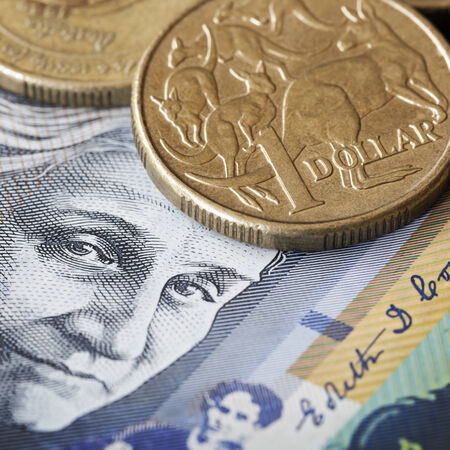 Australian money.  One dollar coin with kangaroos, over face of Edith Cowan.の写真素材