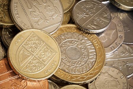 British coins in full frame background.  Overhead view.の写真素材