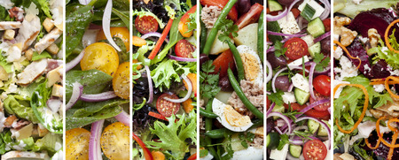 Collage of healthy salads.  Includes chicken caesar, spinach, garden, nicoisse, greek and beetroot and walnut.の写真素材
