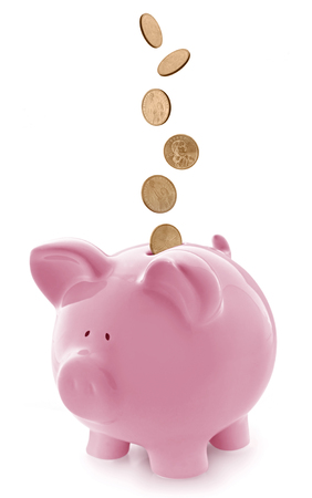 Pink piggy bank, with falling gold coins.  Isolated on white.の写真素材