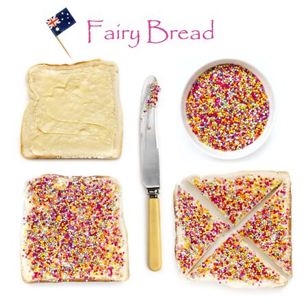 How to make fairy bread, traditional Australian children's party food.  Hundreds and thousands candy sprinkles on buttered white bread.の写真素材