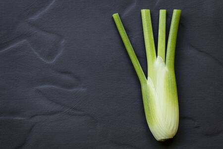 Fennel bulb, top view on dark slate.の写真素材