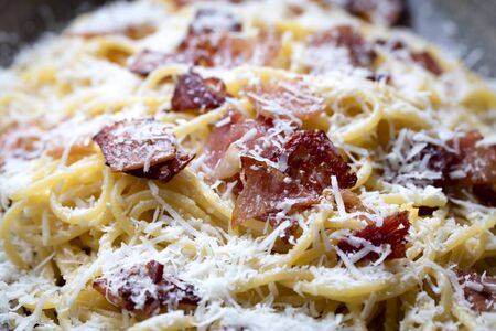 Spaghetti carbonara in closeup.の写真素材