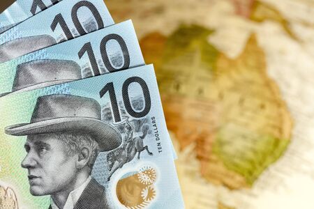 New Australian money over blurred map backgroundの写真素材