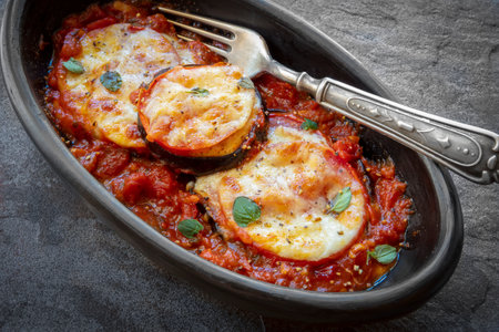 Baked eggplant or aubergine, with tomato and mozzarella, in black dish over slate.の写真素材
