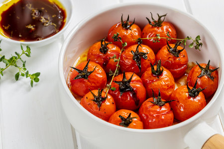 Roasted balsamic cherry tomatoes in pan over white timber background.  With bowl of balsamic and olive oil.の写真素材