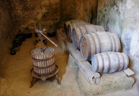 ancient cellar with wooden barrels