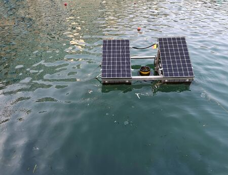 two solar panels floating in the seaの写真素材