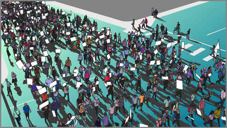 Illustration of crowd protest and march in color from high angle view