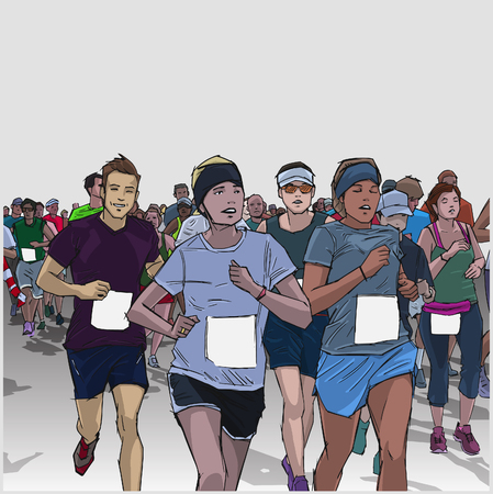 Hand drawn illustration of cheerful crowd running marathon in color with blank signsのイラスト素材