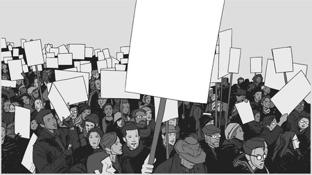 Illustration of crowd protesting for human rights with blank signs in grey scaleのイラスト素材