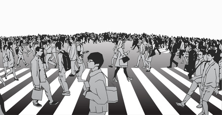 llustration of mixed ethnic crowd crossing street on zebra in urban environment in grey scaleのイラスト素材