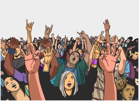 Illustration of massive crowd cheering at a concert in colorのイラスト素材