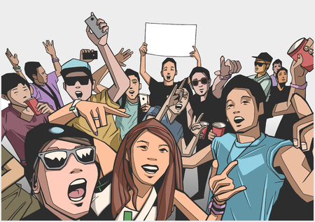 Illustration of festival crowd going crazy at concert in colorのイラスト素材