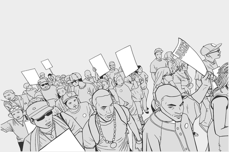 Illustration of crowd protesting against police brutality, with blank signsのイラスト素材