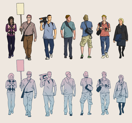 Isolated drawings of protesters and cameramenのイラスト素材