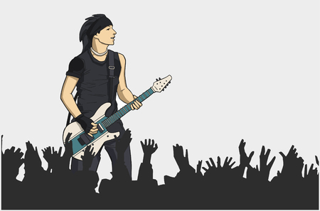 Illustration of guitar player performing on stage with crowd in colorのイラスト素材
