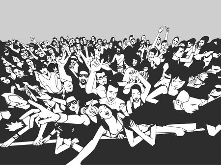 Illustration of cheerful crowd of people having fun at a concertのイラスト素材