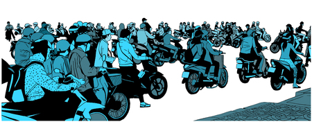 Illustration of busy south east asian street view with motorbikes and mopeds in colorのイラスト素材