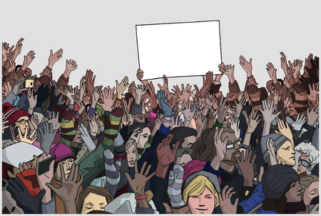 Illustrazione per Illustration of protesting crowd with raised hands and empty banner in color - Immagini Royalty Free