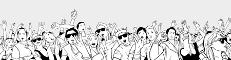 Illustration of festival crowd having fun at concert in panorama view and high detail.のイラスト素材