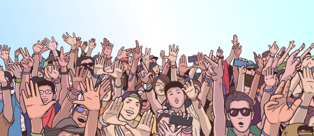 Illustration of partying crowd with raised handsのイラスト素材