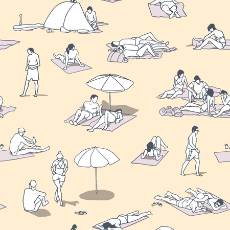 Seamless pattern / background / texture with people sunbathing on sand beach with vintage colorsのイラスト素材