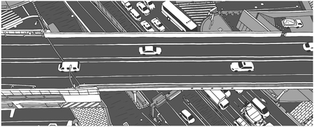 Illustration of rush hour traffic from high angle view in grey scaleのイラスト素材