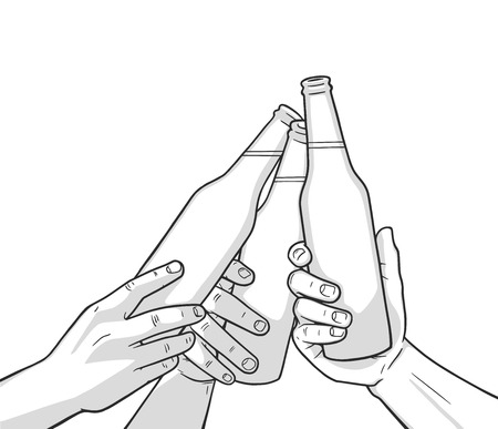 Illustration of raised beer bottles. Cheersのイラスト素材