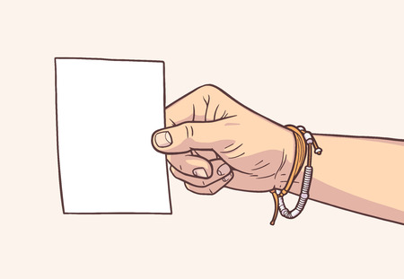 Illustration of hand holding blank piece of paper in vintage colorsのイラスト素材