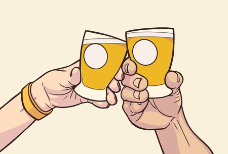 Illustration of male and female hands raising glasses with blank signs in vintage colors. Cheersのイラスト素材