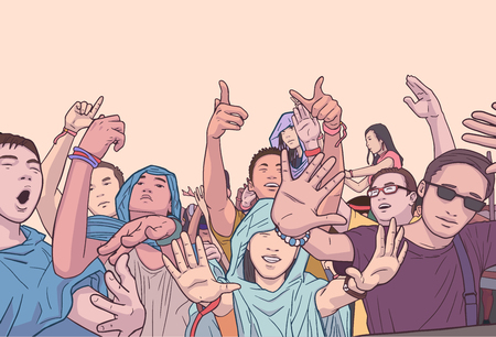 Illustration of mixed ethnic festival crowd partying in the rainのイラスト素材