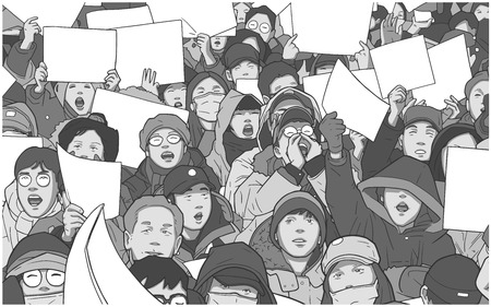 Illustration of mixed ethnic crowd protesting with blank signsのイラスト素材