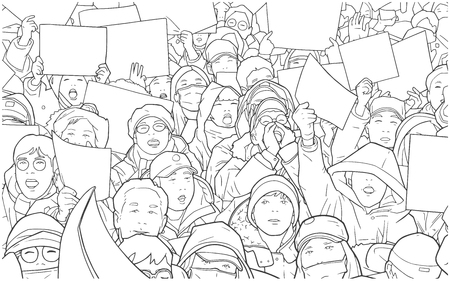 Illustration of mixed ethnic crowd protesting with blank signsのイラスト素材