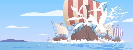 Illustration of viking ships navigating on seaのイラスト素材