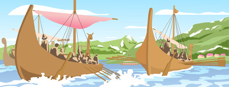 Illustration of viking ships navigating on seaのイラスト素材