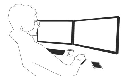 Illustration of young male office worker working on computer with blank monitors in black and whiteのイラスト素材