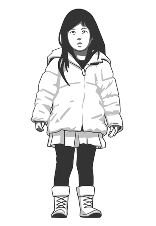 Isolated illustration of young girl wearing winter coat and boots in black and white.のイラスト素材