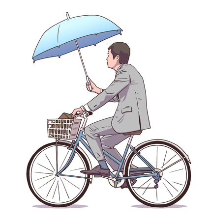 Illustration of man riding bicycle while holding umbrella in business suitのイラスト素材