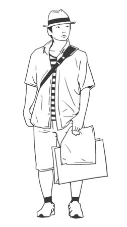 Isolated illustration of young male tourist wearing hat, shirt and shorts and holding shopping bags in black and whiteのイラスト素材