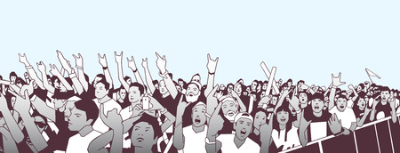 Stylized illustration of large crowd of people cheering at concert in perspectiveのイラスト素材