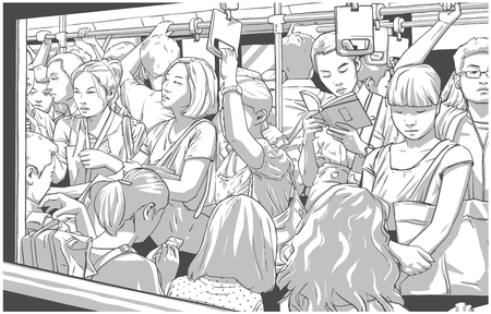 Illustration of crowded metro, subway cart in rush hourのイラスト素材